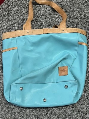 Jon Hart Left Bank Tote Book Bag Ocean Blue Coated Canvas Leather Trim Pocket  