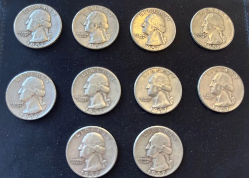 Ten 1957 Silver Washington Quarters Lot of 10 circulated 25c silver coins
