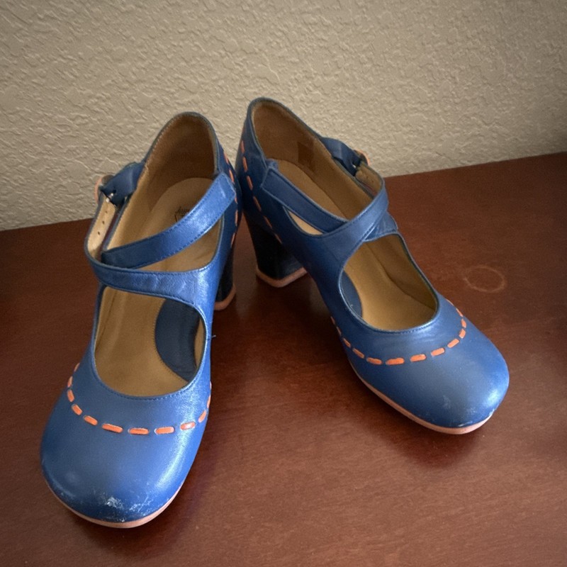 John Fluvog Women’s Blue Leather Mary Jane Block Heels Buckle Straps Round Toe