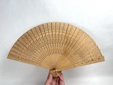 Vintage Intricate Carved Wood Fan With Pink Tassel