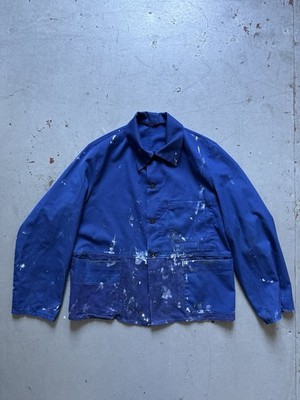 70s vintage French workwear trashed painter faded blue repair