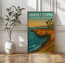Sunset Cliffs San Diego Travel Poster, California Coastline Wall Art Print