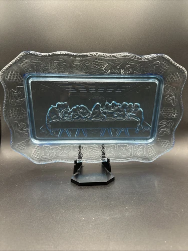 Vintage Blue Tiara Indiana Glass Bread Plate Tray The Last Supper