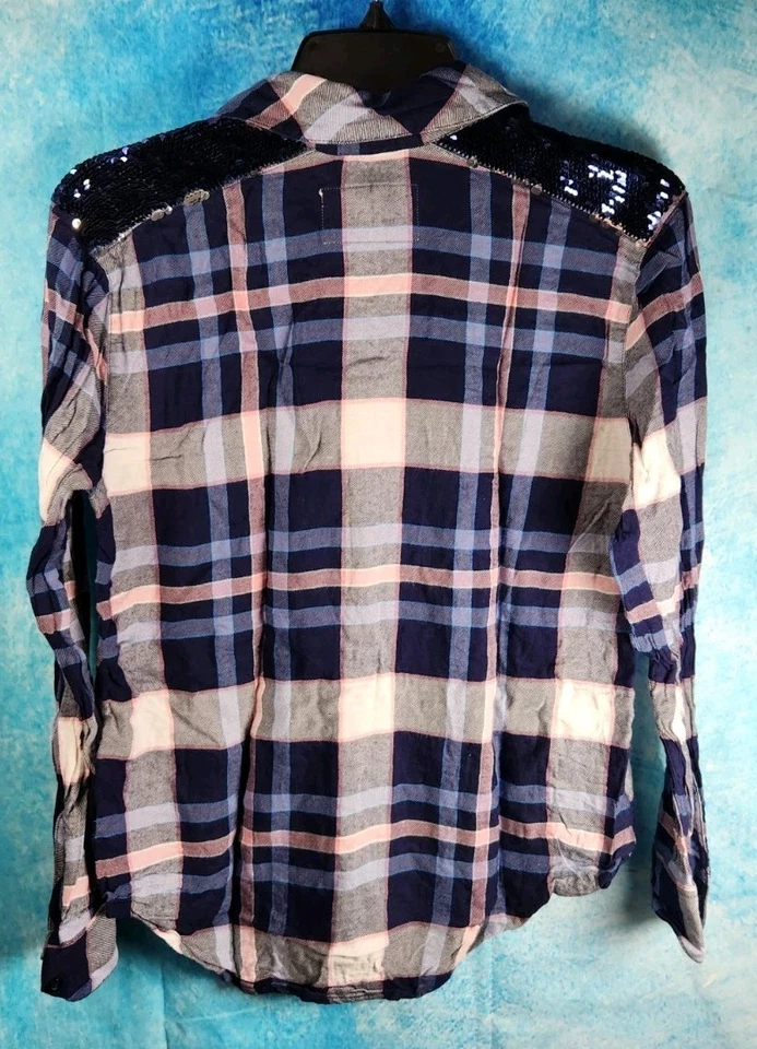 Camisa Justice Girls de gran tamaño azul/gris a cuadros lentejuelas mezcla de polietileno suave 18/20 en muy buen estado Foto 4 de 4