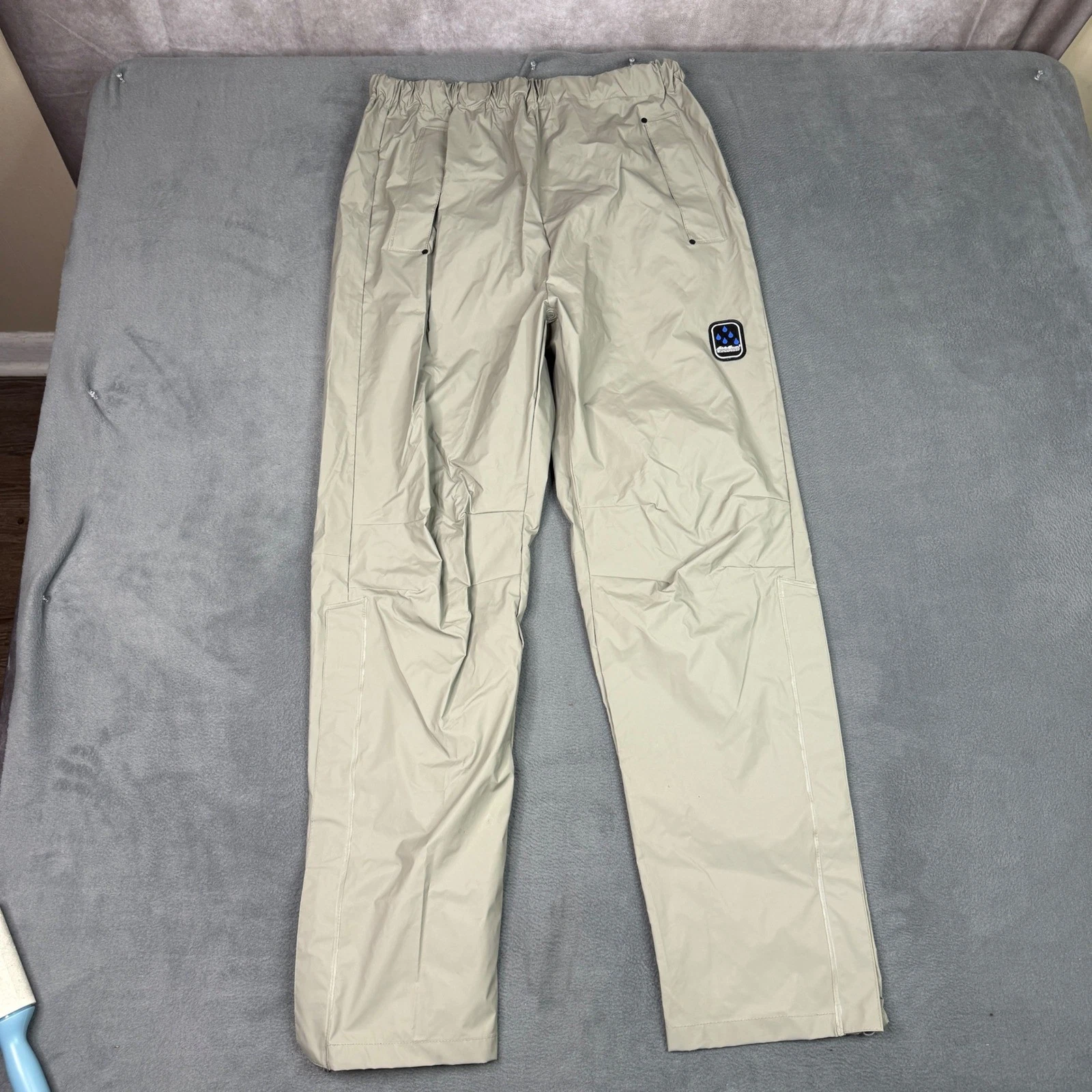 Eddie Bauer Mens Waterproof Rain Pants Beige Tan Size Medium PVC Nylon Outdoor