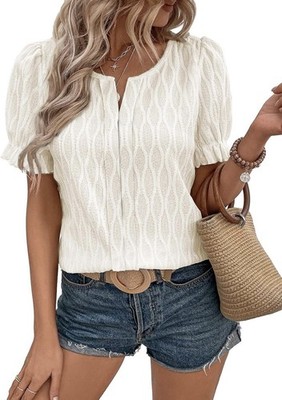 EVALESS Womens Medium Top Cute Puff Sleeve Blouse Front Placket Ivory Textured
