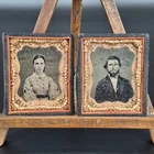 Civil War Era Portrait Photo Couple Man & Woman w/ Embossed Leather Folding Case