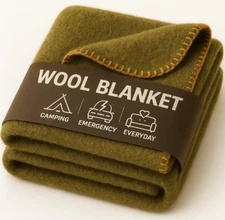 Wool Camping Blanket � 70% Wool Heavy-Duty Military Style Throw, Warm & Washab..