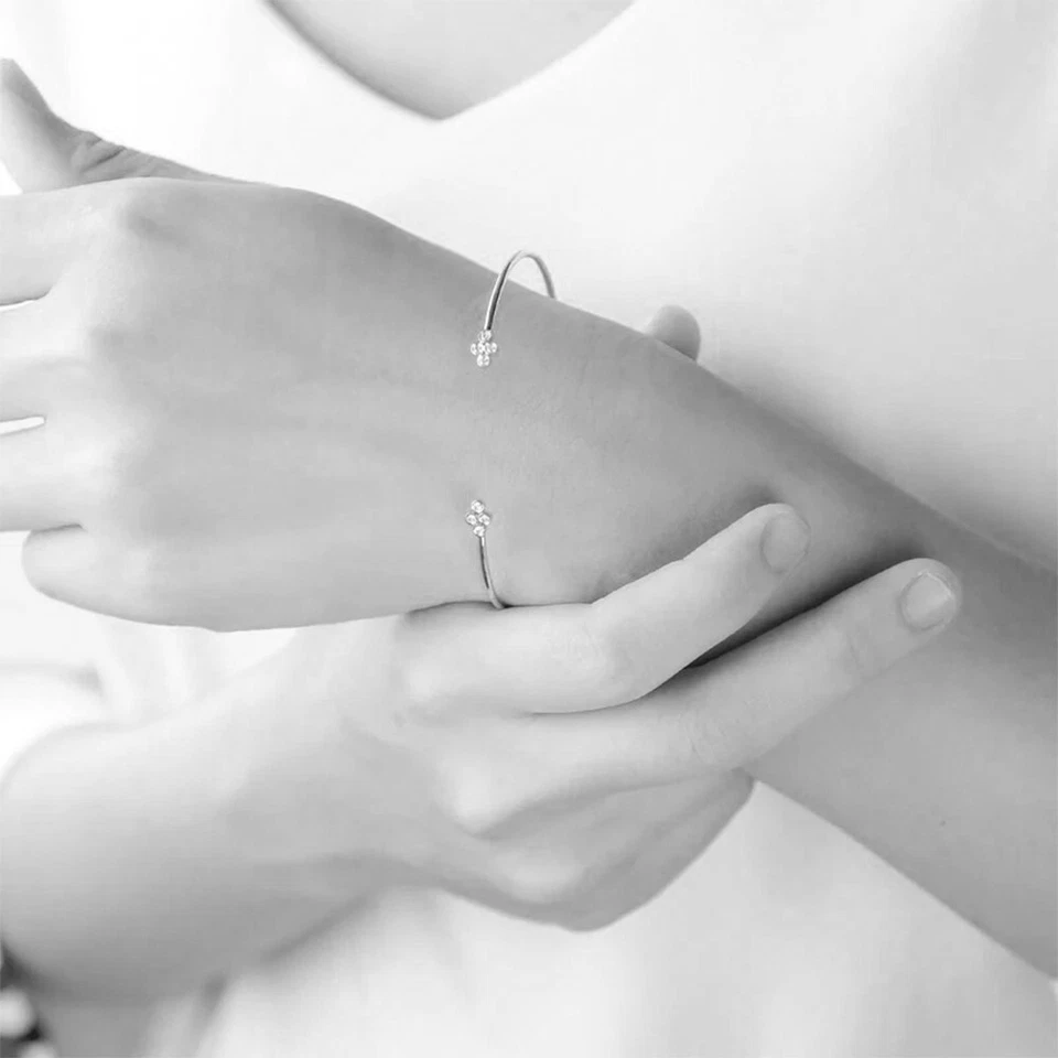 0.16 Ct Natural Diamond Open Cuff Bangle Bracelet 7.5" White Gold Plated Silver - Image 4 of 4