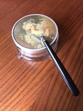 Vintage Handheld Portrait Lid Vanity Mirror with Powder Puff Glass Bottom 1900s