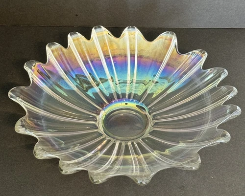 Vintage 11” MCM Federal Clear Iridescent Glass Flower Platter Bowl Scalloped ￼