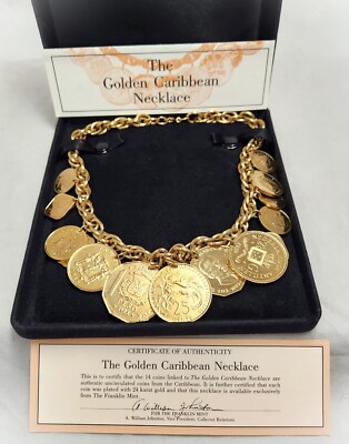 1986 The Franklin Mint Golden Caribbean Coin Necklace Bracelet and