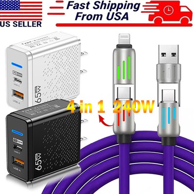 240W Fast Type C Wall Charger & 4FT 4 in 1 Cable For iPhone 16 Pro Max 16e 15 