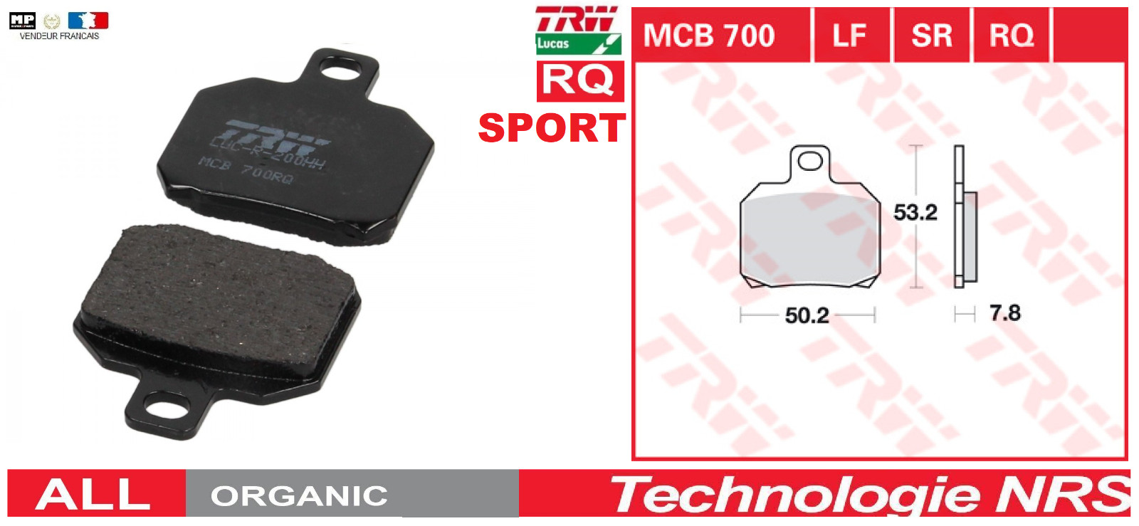 Plaquettes Frein Arrière TRW MCB700 RQ Sport Moto Aprilia RSV 1000 R 2000-2009 Sinter