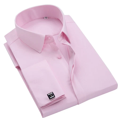 Camisas formales de oficina para hombre manga larga puño francés sin gemelos vestido boda - Imagen 17 de 29