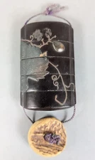 Inro Medical Box Japan Antique Wood Lacquer Naturalist Decorations with Ojime Deer