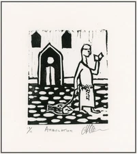 FRIAR TUCK? READING WHILE WALKING A FISH.  Original Surrealist LINOCUT Signed