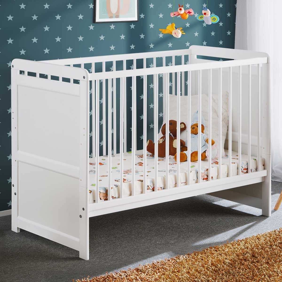 Lit Bébé 124cm Tymek Blanc Évolutif Contre le Mal de Dos