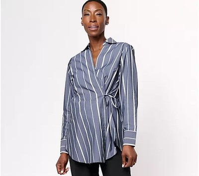 Studio Park x Leah Williams Woven Collared Wrap Shirt Size Small Graphite Stripe