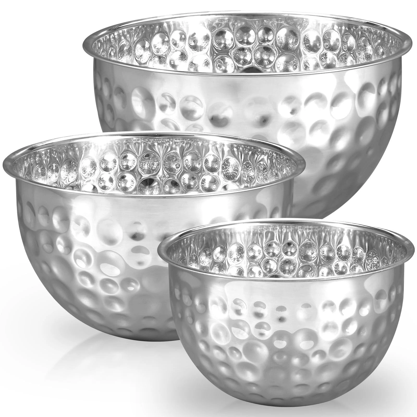 3PCS Hammered Finish Mixing Bowl, Size 6.5, 4, 2.5QT, Stainless Steel Salad B...