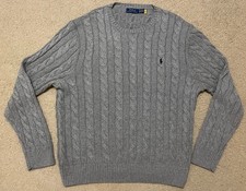 Polo Ralph Cable-Knit Sweater Men's XL Gray Crewneck Cotton Pony EUC