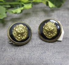 Shank Button Lot Of 2 Gold Black Lion Head 1 3/16 Inch Round 3-D Relief Vintage