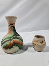 Nemadji Pottery Vases Multicolor Green Orange Swirl Design 2-Piece  Handmade USA