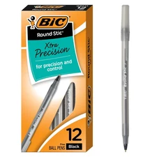 Round Stic Xtra Precision Fine Black Ballpoint Pens, Medium Point 0.8 mm, 12-...