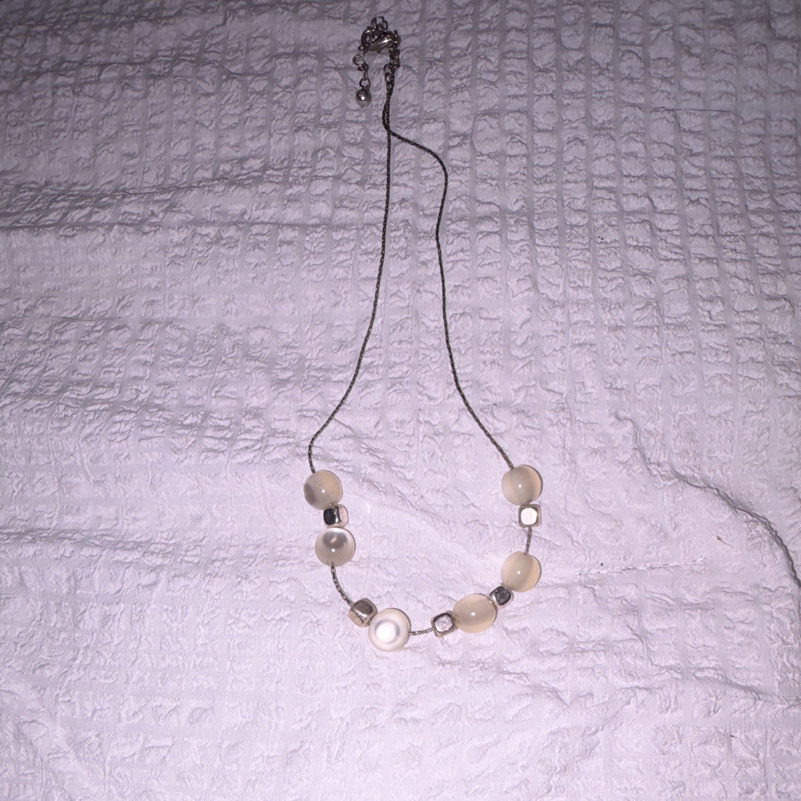 Silver Tone Cable Chain Beaded White Round Pearl Necklace, Adjustable Lobster