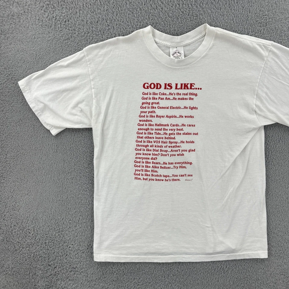 Camisa De Colección Tejidos de Cristal Para Hombres L Blanca Puntada Única Hecha en EE. UU. God Is Like Tee Foto 3 de 4