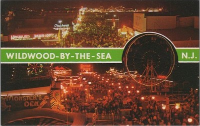 Boardwalk Amusement Pier Night View Neon Lights Wildwood By Sea NJ postcard MQ1