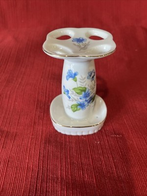 Vintage White Blue Floral Porcelain Toothbrush Holder Made In Japan Gold Trim