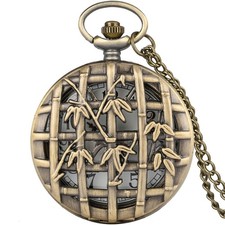 Classic Style Hollow-out Bamboo Half Hunter Quartz Analog Pocket Watch Chain
