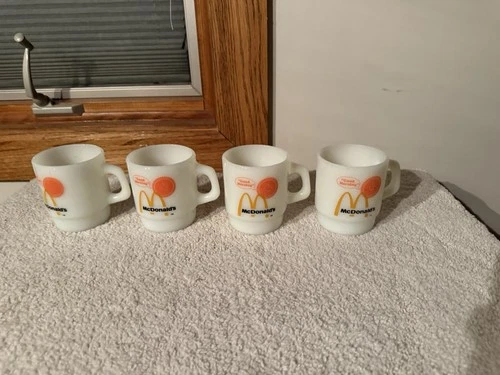 Vintage McDonald’s “Good Morning” Milk Glass Coffee Mugs By Fire King Set Of 4