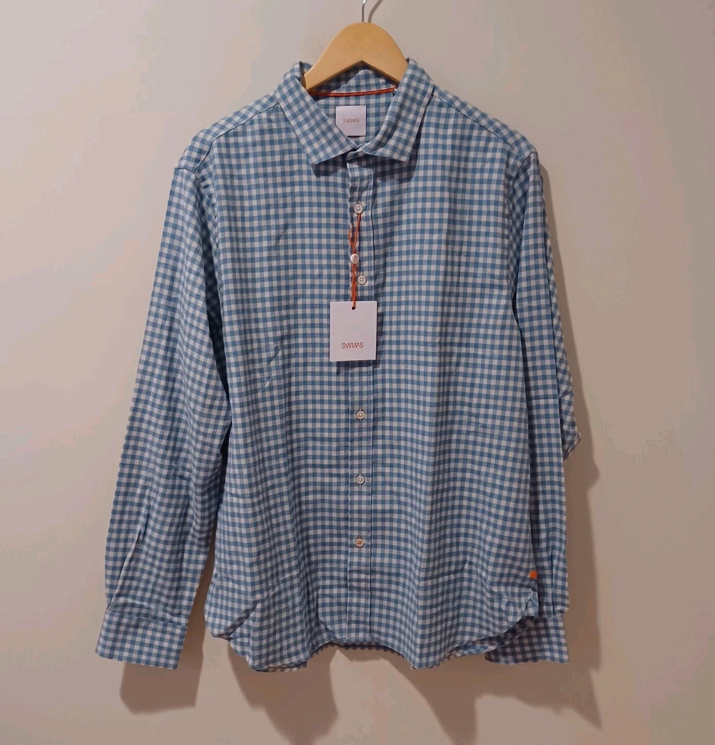 NWT SWIMS Mens Tenby Flannel Shirt Long Sleeve Plaid Ice Blue XL Preppy Cozy