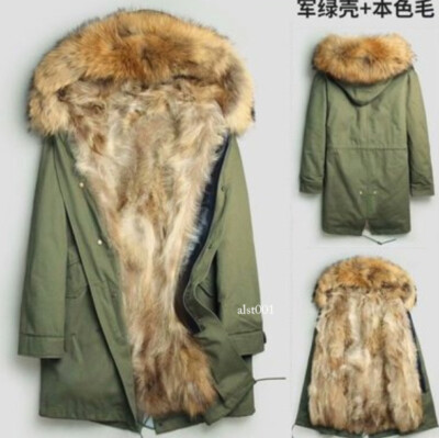 Men's Winter Real Raccoon Fur Lined Warm Loose Fur Collar Hooded Outwear Parka