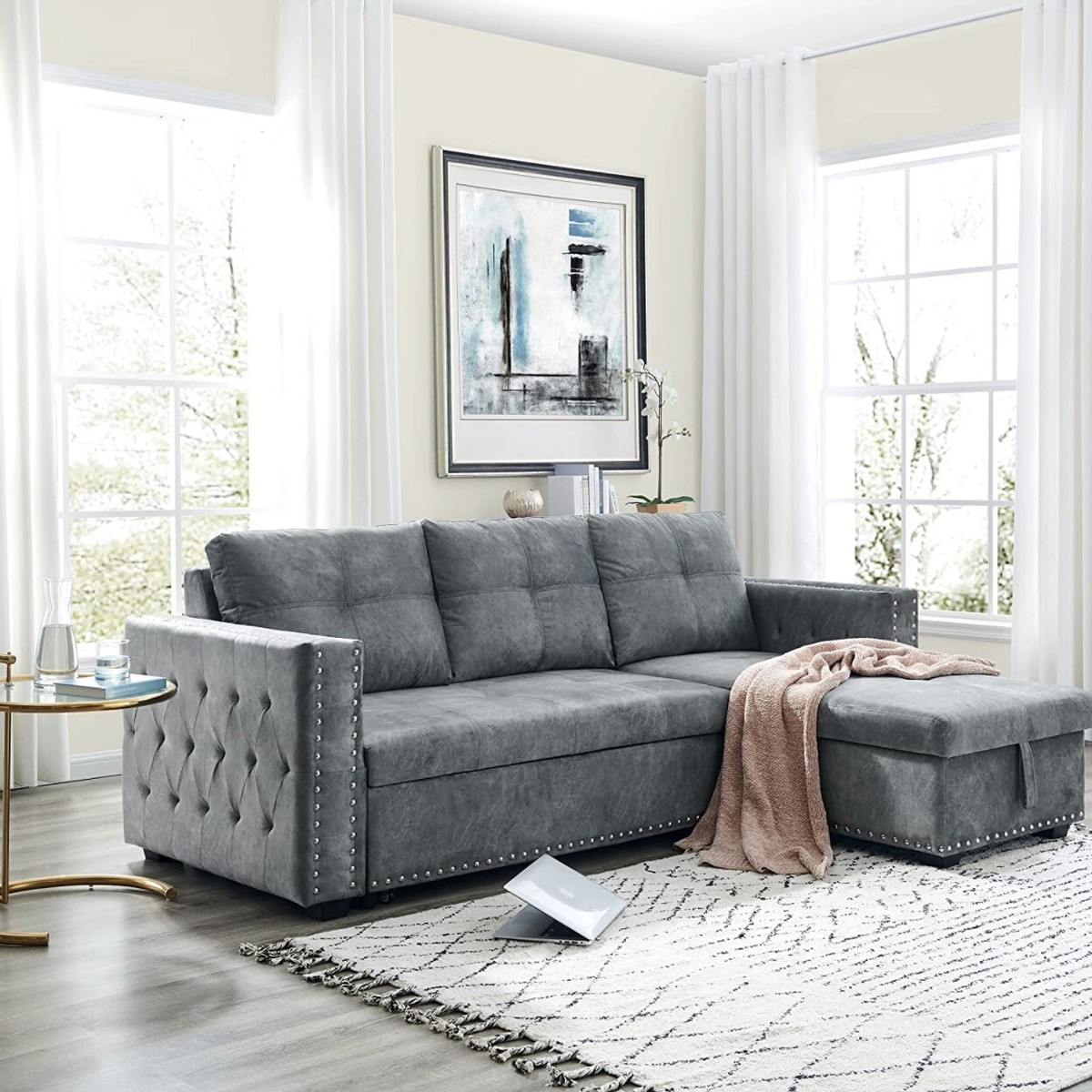 L-Shape Velvet Convertible Sectional 3-Seat Sofa Couch Ottoman Chaise StorageUSB