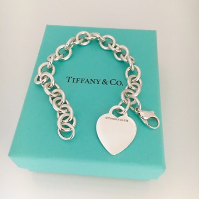 8.5” Large Tiffany & Co Silver Blank Heart Tag Charm Bracelet | eBay