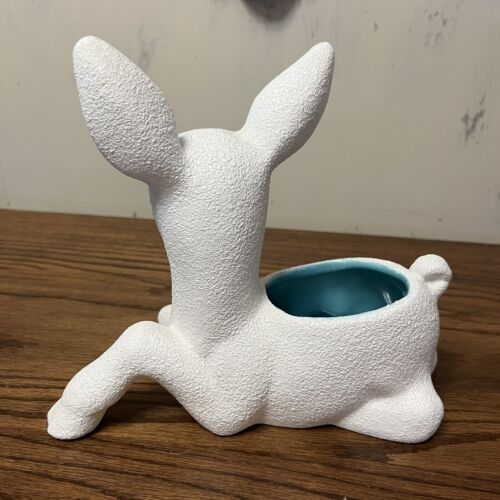 Vtg Royal Haeger Art Pottery Deer Planter White Teal Glaze MCM Textured Retro - Picture 3 of 8