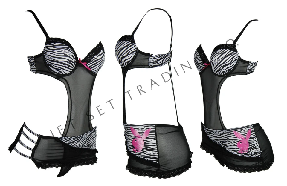 Juego de CUERDAS G Chemise para mujer PBNW6066-B-W blanco y negro Playboy íntimas S - L Foto 3 de 3