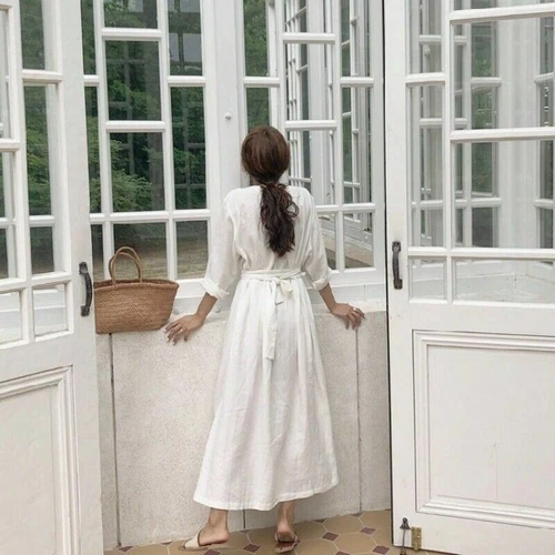 Mujer Vestido de Lino Algodón Cuello en V Cinturón Largo Botón Suelto Informal Blanco Negro Hada - Imagen 9 de 16