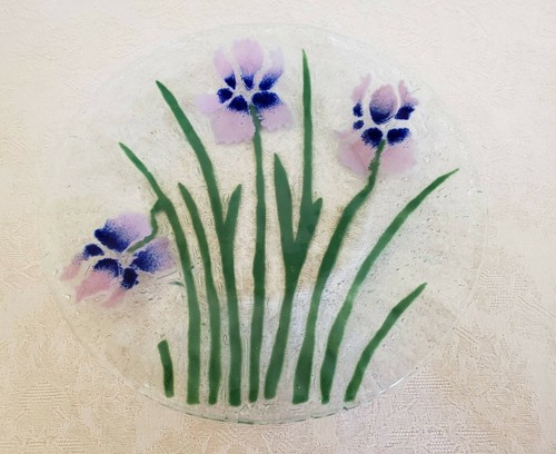 Vintage Fused Glass Floral Dinner Plate Berry Bowl Handcrafted Iris Flower Set - Imagen 3 de 8
