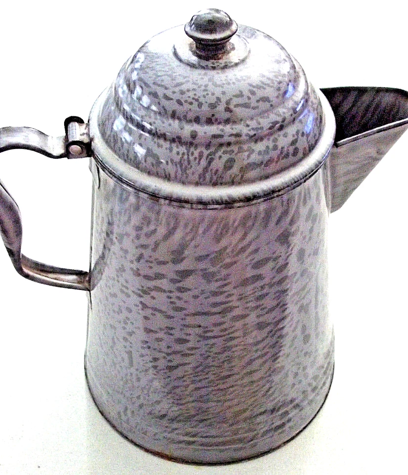 Antique 11.5" GRAY ENAMEL Pattern METAL Strainer Spout HINGED LID Handle PITCHER - Image 2 of 4