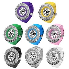 Men Women Creative Round Rhinestone Quartz Analog Finger Ring Watch Elastic Band