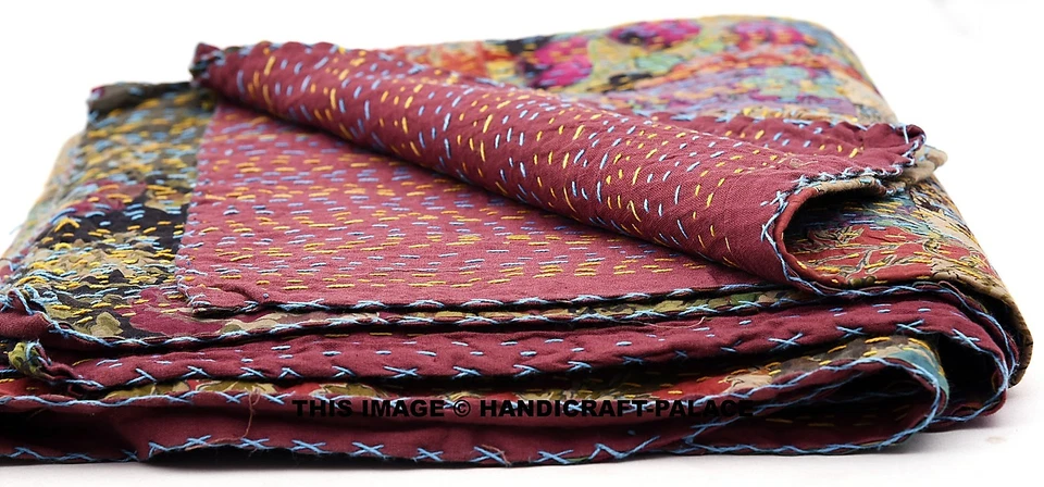 ALGODÓN KANTHA COLCHA COLCHA MANTA TIRO INDIO TAMAÑO DOBLE RETAZOS FLORALES Foto 3 de 3