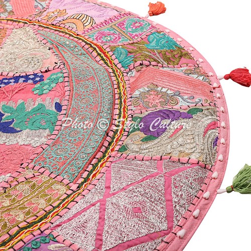 Ottoman Large Pink Floor Pillows Vintage Patchwork Round Floor Cushions Cover - Picture 3 of 6