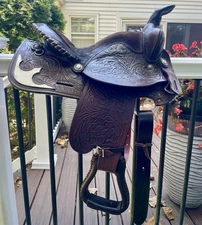 Western Saddle, 14″, Fully Tooled With Silver Accents And Suede Seat