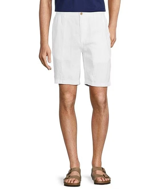 Caribbean Men's Big & Tall Flat Front WHITE 12" Linen Shorts Drawstring 44 Tall