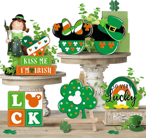 8 Pcs St Patricks Day Tiered Tray Decor Set, Lucky Shamrock Luck