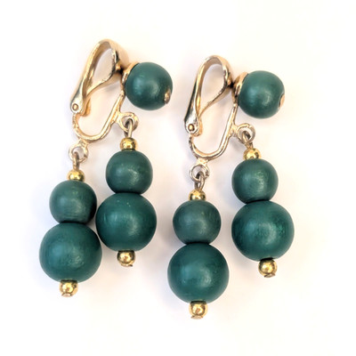 Vintage DE ORCA Green Bead Chandelier Clip-On Earrings Mod 1960s 70s Signed